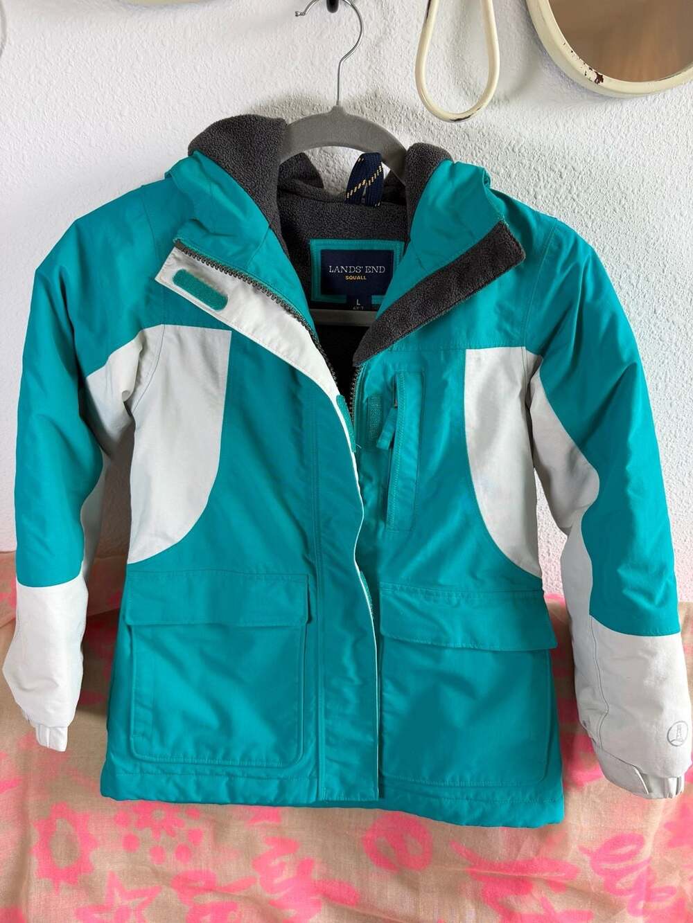 Kids 6/7 Lands' End Squall Jacket Size L 6X-7 Teal White Winter Ski Hooded